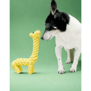 Juguete de jirafa para perros hecho de cuerda resistente sin relleno, seguro y duradero.